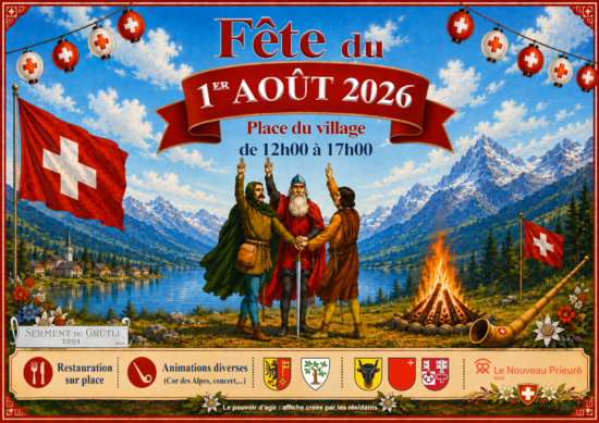 Invitation aux festivités du 1er août 2026 de 12h à 17h à la place du village.